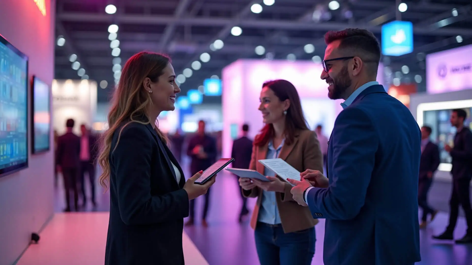Gros plan de 2 personnes discutant dans un Hall d exposition